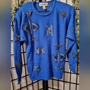New York Aspects Blue Sweater with Geometric Patterns Size Small